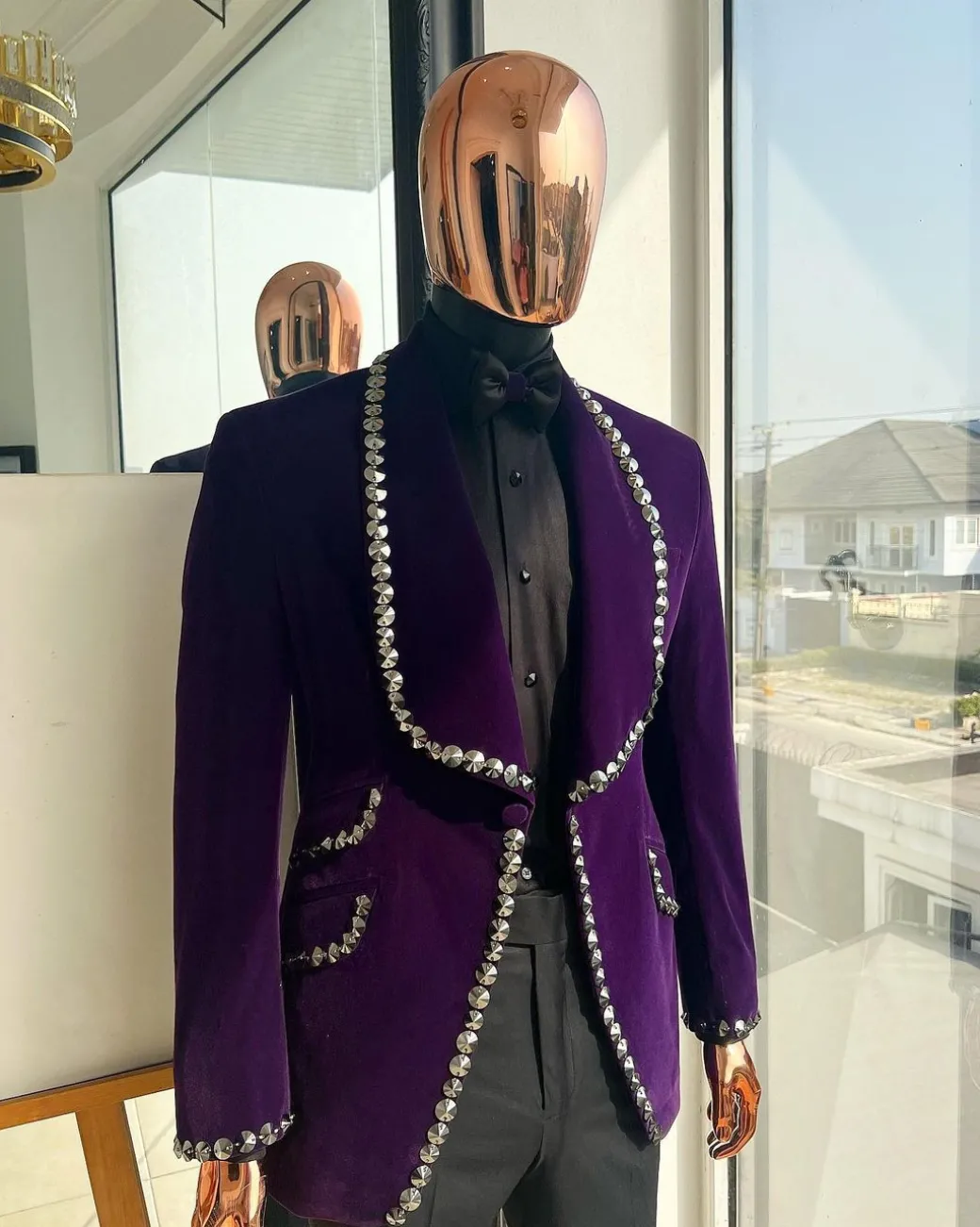 An egg plant purple velvet shawl lapel tuxedo suit, laced with jet hematite Swarovski stones