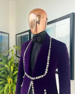 An egg plant purple velvet shawl lapel tuxedo suit, laced with jet hematite Swarovski stones