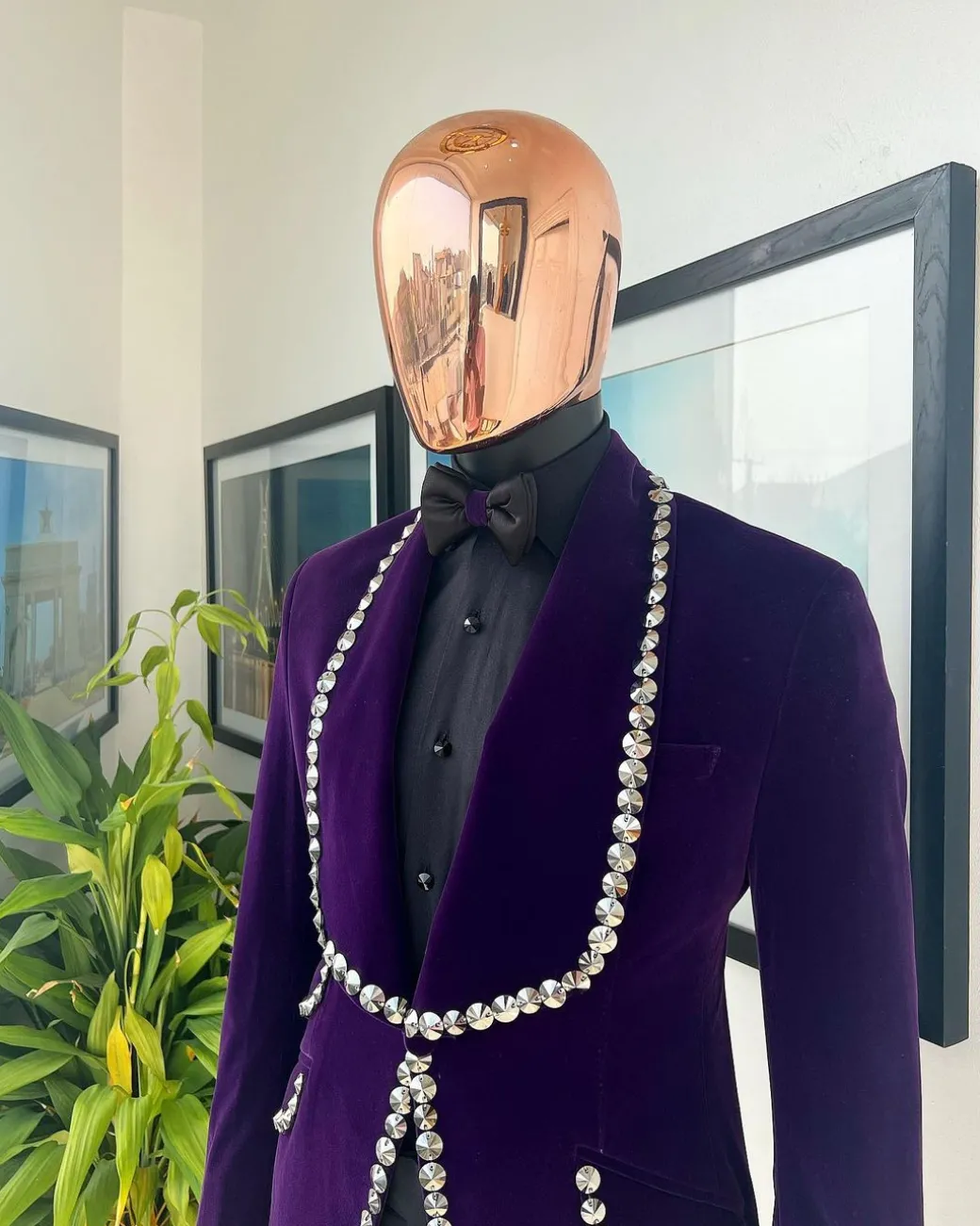 An egg plant purple velvet shawl lapel tuxedo suit, laced with jet hematite Swarovski stones