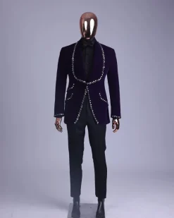 An egg plant purple velvet shawl lapel tuxedo suit, laced with jet hematite Swarovski stones