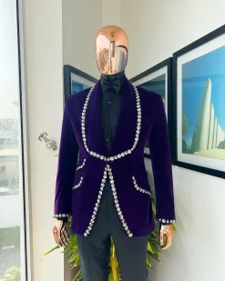 An egg plant purple velvet shawl lapel tuxedo suit, laced with jet hematite Swarovski stones