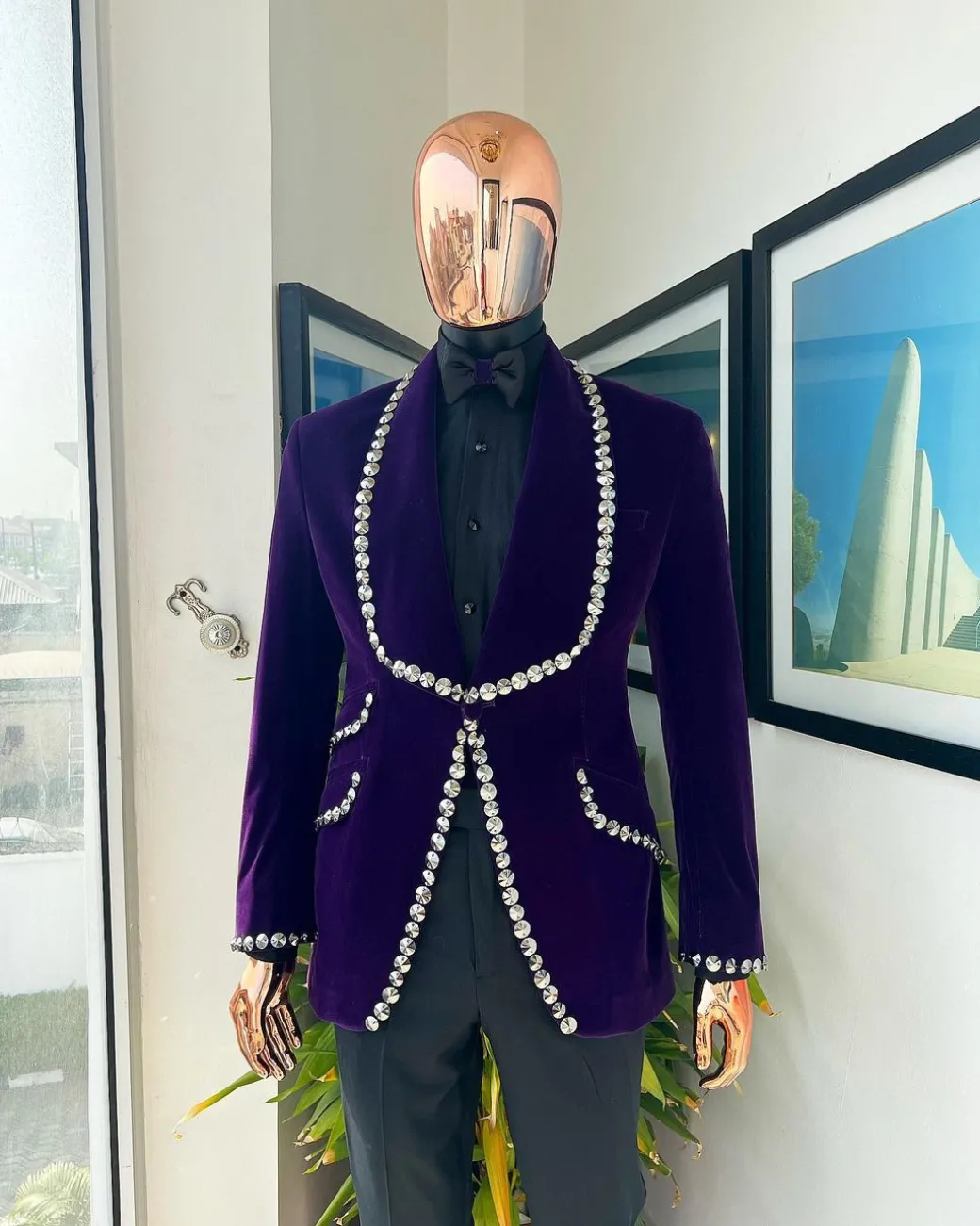 An egg plant purple velvet shawl lapel tuxedo suit, laced with jet hematite Swarovski stones