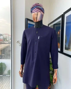 An eggplant purple flap with paisley lining details, African traditional senator kaftan native