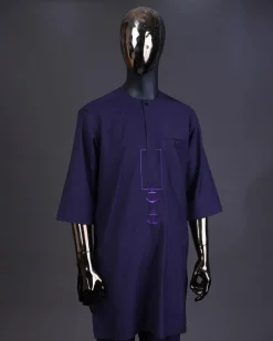 An eggplant purple, front flap with black Swarovski button, square and anchor embroidery detailing kaftan and Sokoto