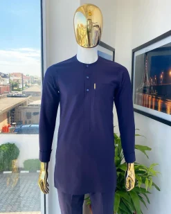 An Eggplant purple, front flap, blue clear view glass Swarovski buttons detailing African traditional senator kaftan native