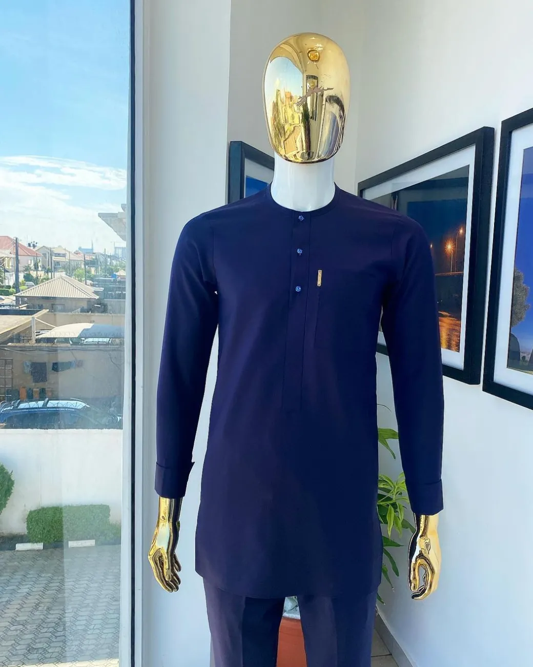 An Eggplant purple, front flap, blue clear view glass Swarovski buttons detailing African traditional senator kaftan native