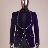 An Eggplant Purple Velvet Shawl Lapel Tuxedo Suit, laced with rectangle and octagonal jet hematite Swarovski stones