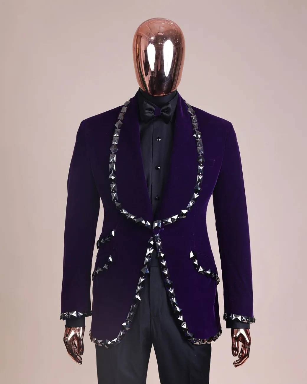 An Eggplant Purple Velvet Shawl Lapel Tuxedo Suit, laced with rectangle and octagonal jet hematite Swarovski stones