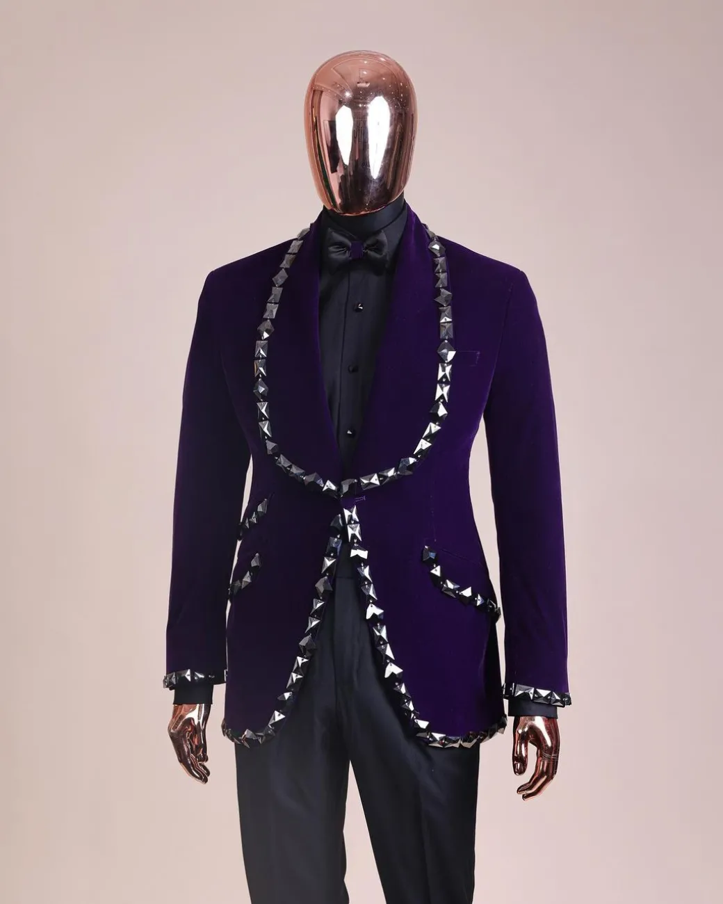An Eggplant Purple Velvet Shawl Lapel Tuxedo Suit, laced with rectangle and octagonal jet hematite Swarovski stones