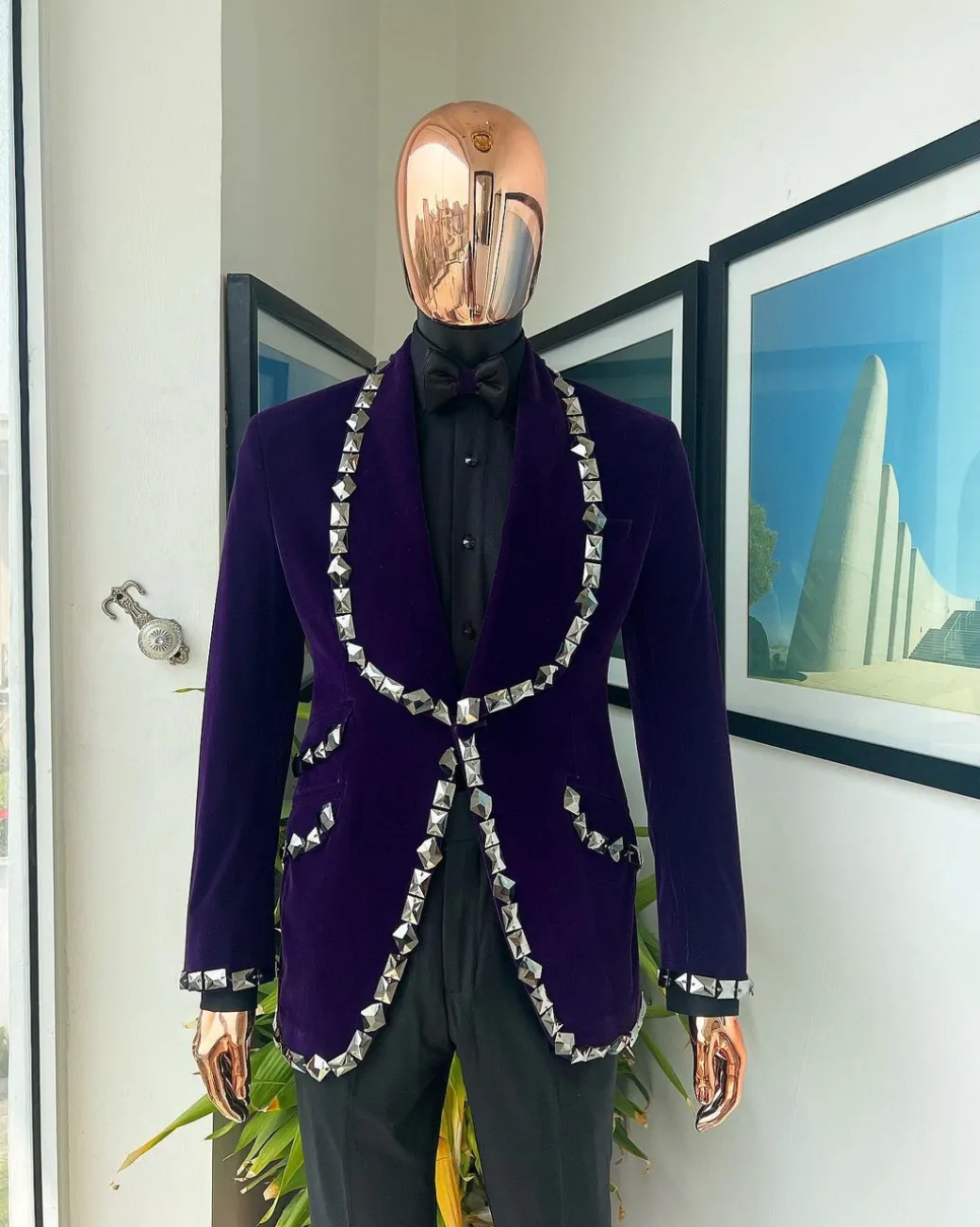 An Eggplant Purple Velvet Shawl Lapel Tuxedo Suit, laced with rectangle and octagonal jet hematite Swarovski stones
