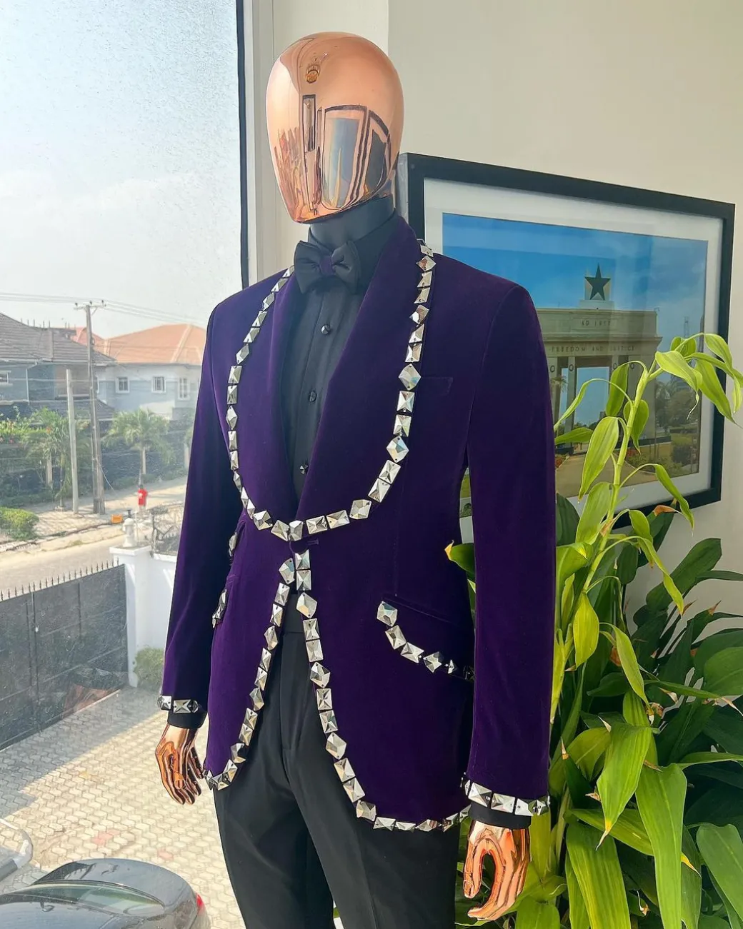 An Eggplant Purple Velvet Shawl Lapel Tuxedo Suit, laced with rectangle and octagonal jet hematite Swarovski stones