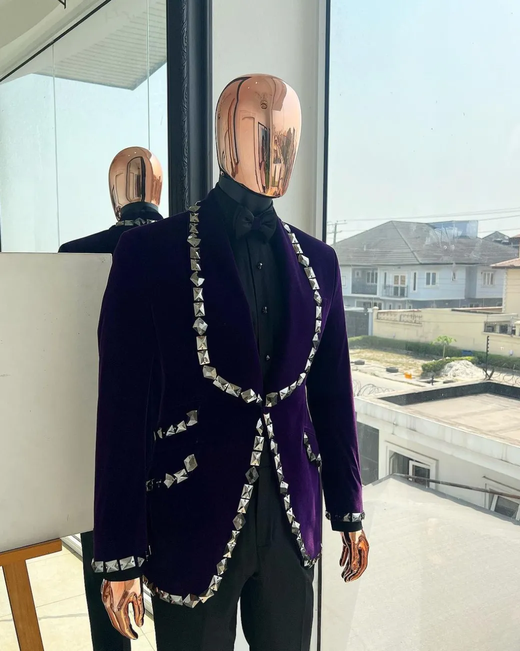 An Eggplant Purple Velvet Shawl Lapel Tuxedo Suit, laced with rectangle and octagonal jet hematite Swarovski stones