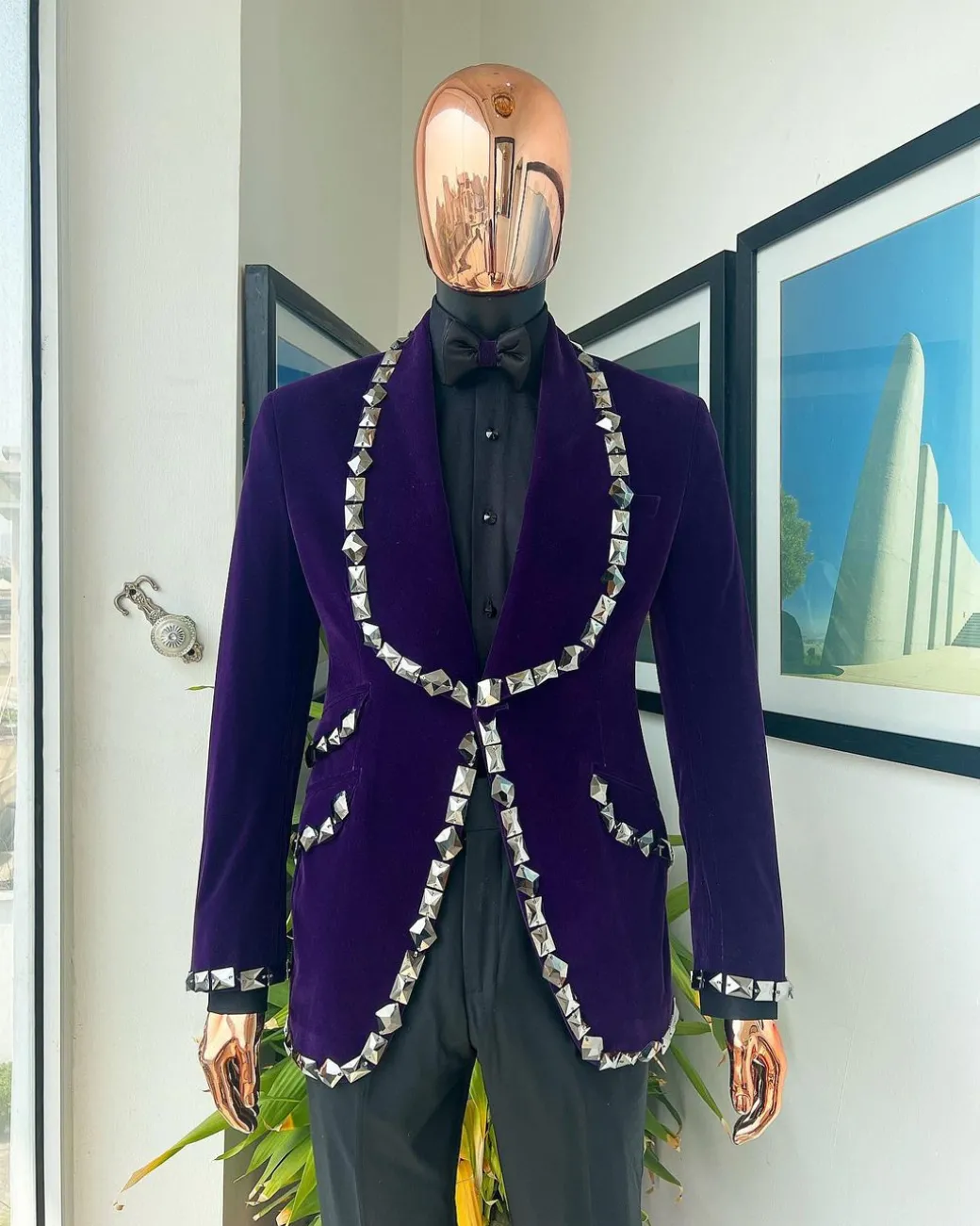 An Eggplant Purple Velvet Shawl Lapel Tuxedo Suit, laced with rectangle and octagonal jet hematite Swarovski stones