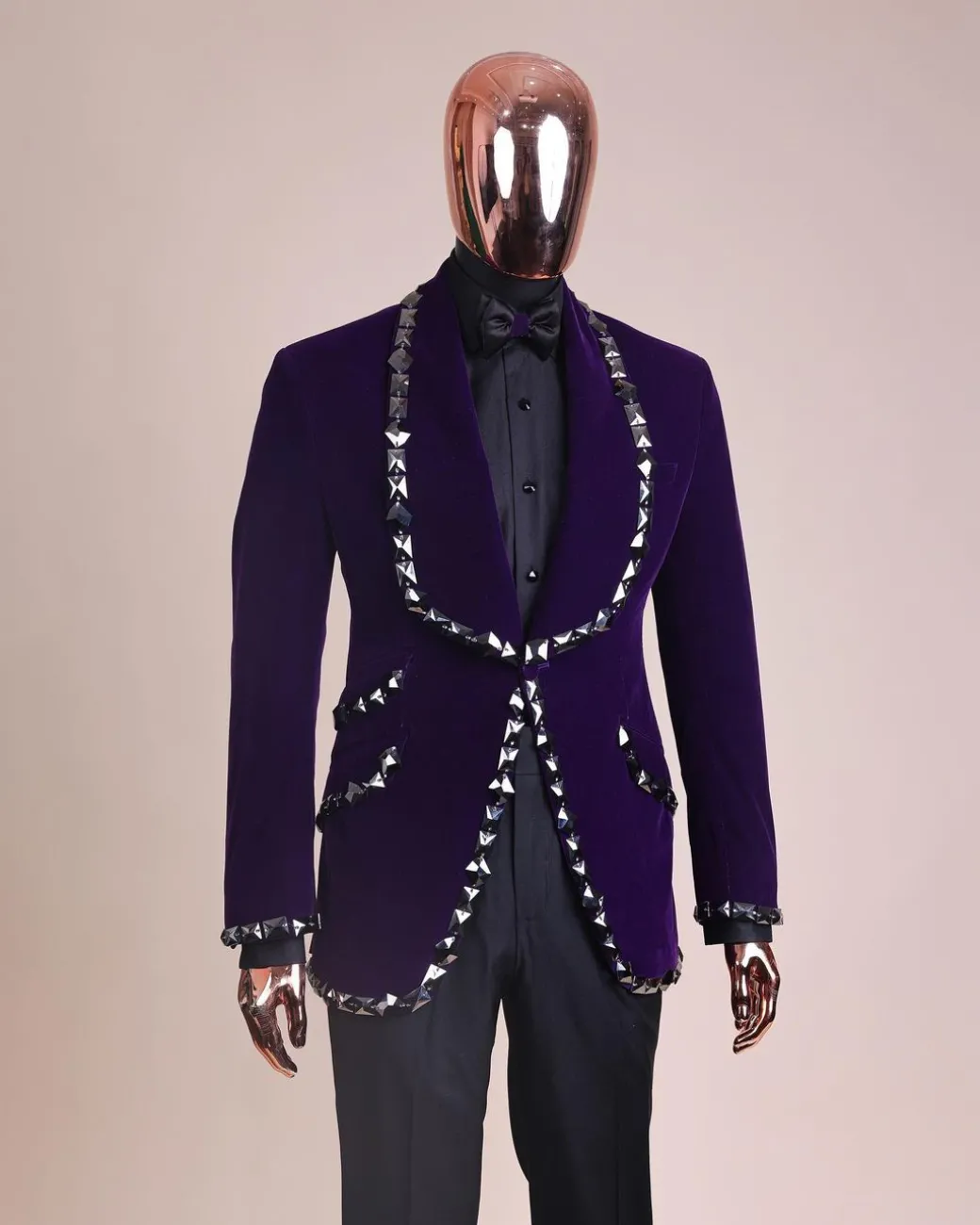 An Eggplant Purple Velvet Shawl Lapel Tuxedo Suit, laced with rectangle and octagonal jet hematite Swarovski stones