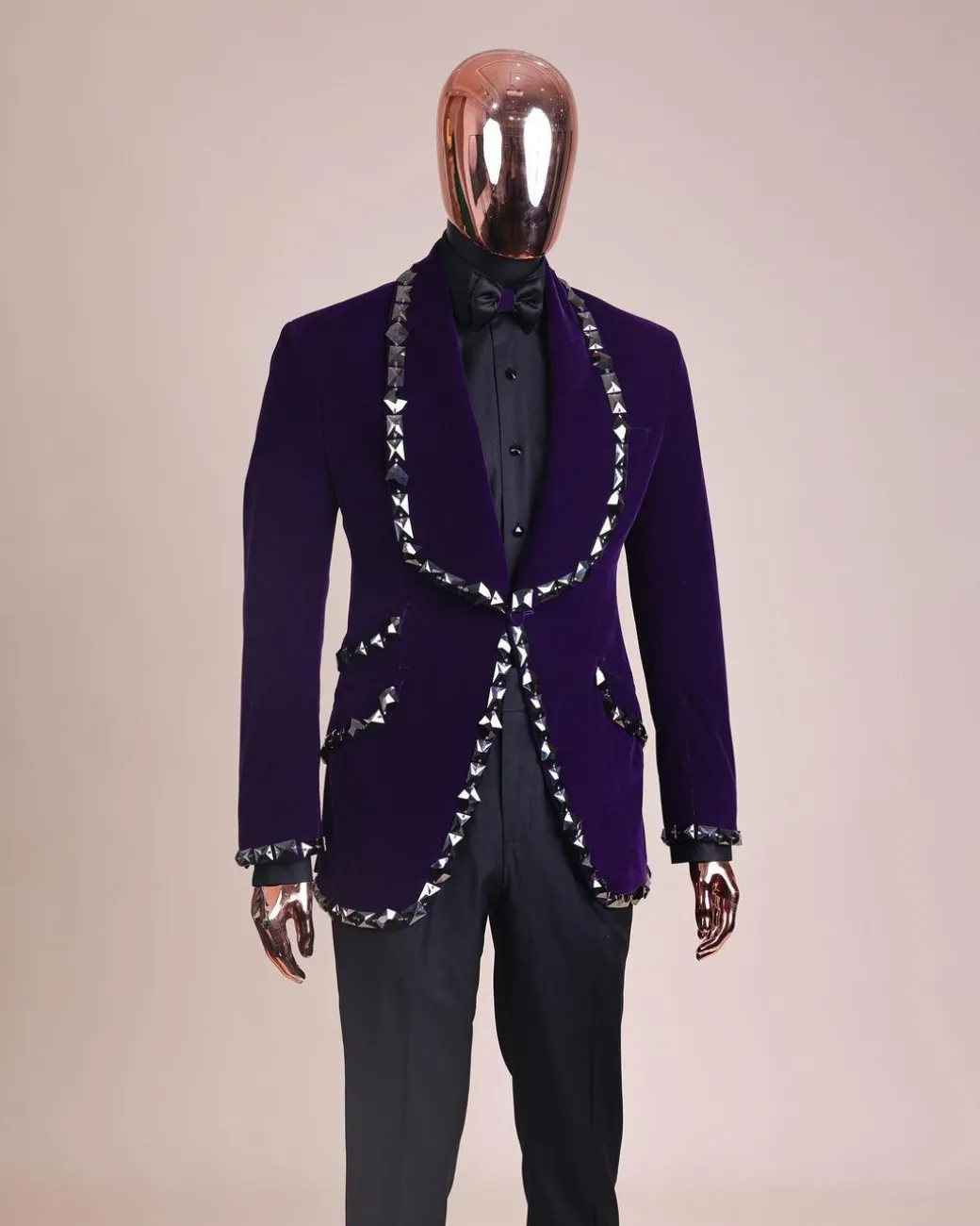 An Eggplant Purple Velvet Shawl Lapel Tuxedo Suit, laced with rectangle and octagonal jet hematite Swarovski stones