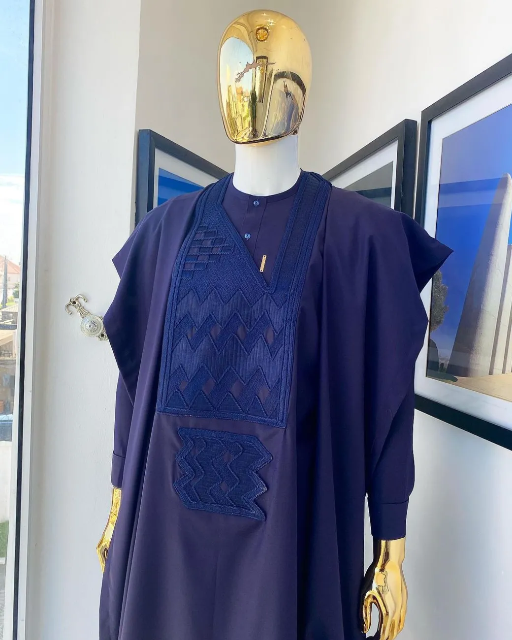 An eggplant purple, wavy level, zigzag embroidery agbada