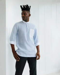 An Egyptian Cotton Linen, front flap, white and blue pencil stripe casual shirt.