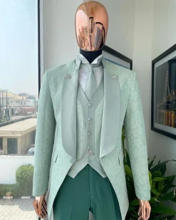 An “eloper” Pistachio green, floral pattern jacquard tuxedo suit