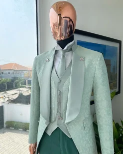 An “eloper” Pistachio green, floral pattern jacquard tuxedo suit