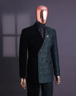 An Emerald green & black “rival” 1/4 cut ocean element peak lapel double breasted jacquard suit