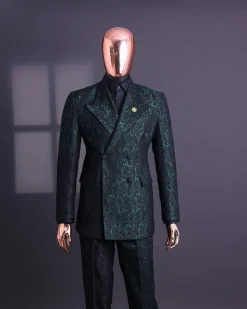 An Emerald green & black “rival” 1/4 cut ocean element peak lapel double breasted jacquard suit.