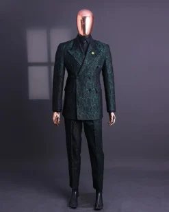 An Emerald green & black “rival” 1/4 cut ocean element peak lapel double breasted jacquard suit.