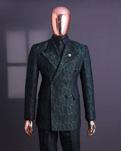 An Emerald green & black “rival” 1/4 cut ocean element peak lapel double breasted jacquard suit.