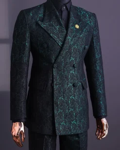 An Emerald green & black “rival” 1/4 cut ocean element peak lapel double breasted jacquard suit.