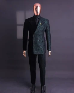 An Emerald green & black “rival” 1/4 cut ocean element peak lapel double breasted jacquard suit
