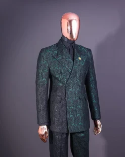 An Emerald green & black “rival” 1/4 cut ocean element peak lapel double breasted jacquard suit.
