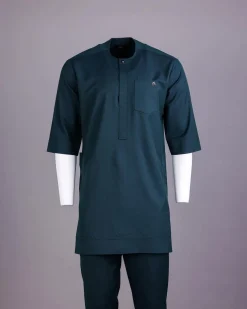 An Emerald Green, Front Flap With Studded Swarovski Buttons, 3/4 Sleeve African Senator Kaftan Native.