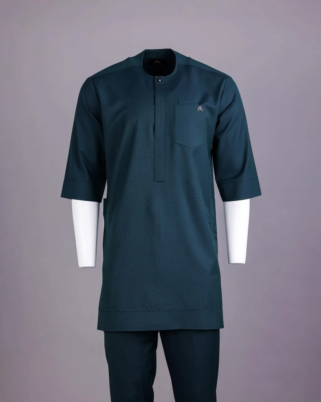 An Emerald Green, Front Flap With Studded Swarovski Buttons, 3/4 Sleeve African Senator Kaftan Native.