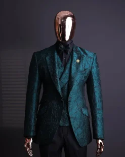 An Emerald green, knitted, root floral jacquard notch lapel suit