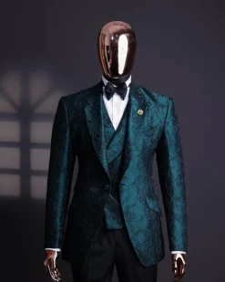 An emerald green, knitted, root floral jacquard notch lapel suit