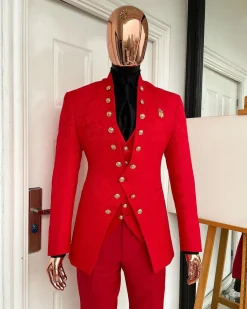 An “empire” candy red, floral patterned metallic jacquard suit