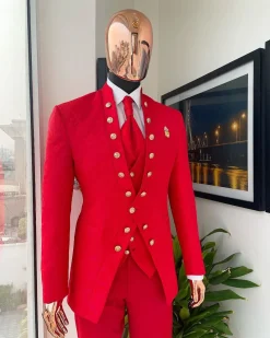 An “Empire” candy red, floral patterned metallic jacquard suit