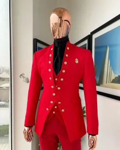 An “empire” candy red, floral patterned metallic jacquard suit