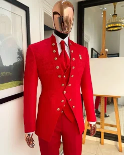 An “Empire” candy red, floral patterned metallic jacquard suit