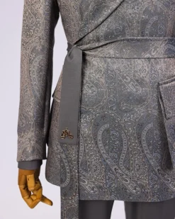 An “Epitome” steel grey, powder blue and light brown mix element jacquard wrap kimono with patch pocket