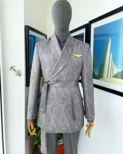 An “Epitome” steel grey, powder blue and light brown mix element jacquard wrap kimono with patch pocket