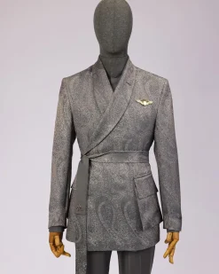 An “Epitome” steel grey, powder blue and light brown mix element jacquard wrap kimono with patch pocket