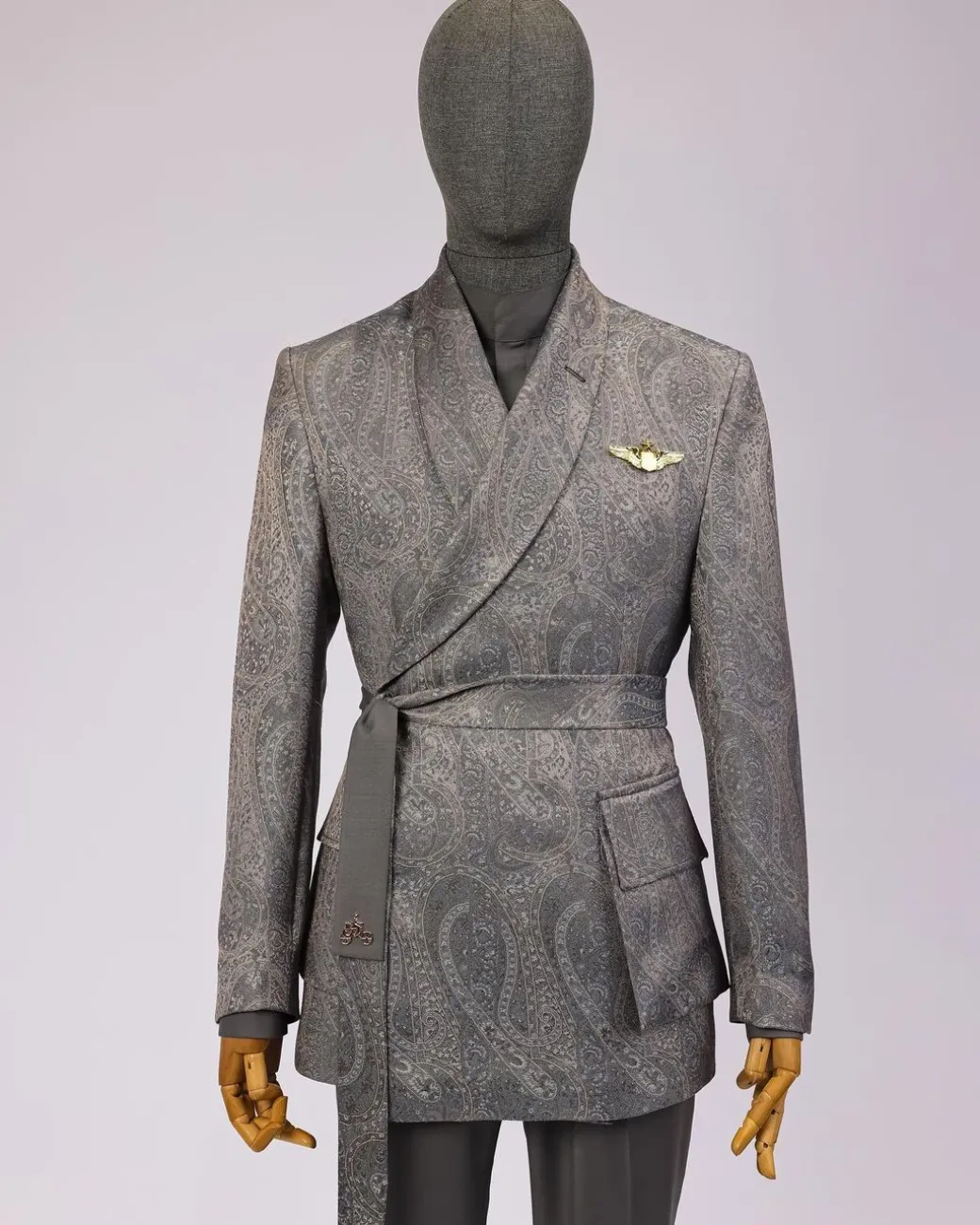 An “Epitome” steel grey, powder blue and light brown mix element jacquard wrap kimono with patch pocket