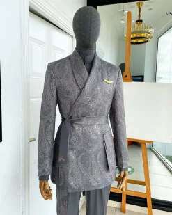 An “Epitome” steel grey, powder blue and light brown mix element jacquard wrap kimono with patch pocket