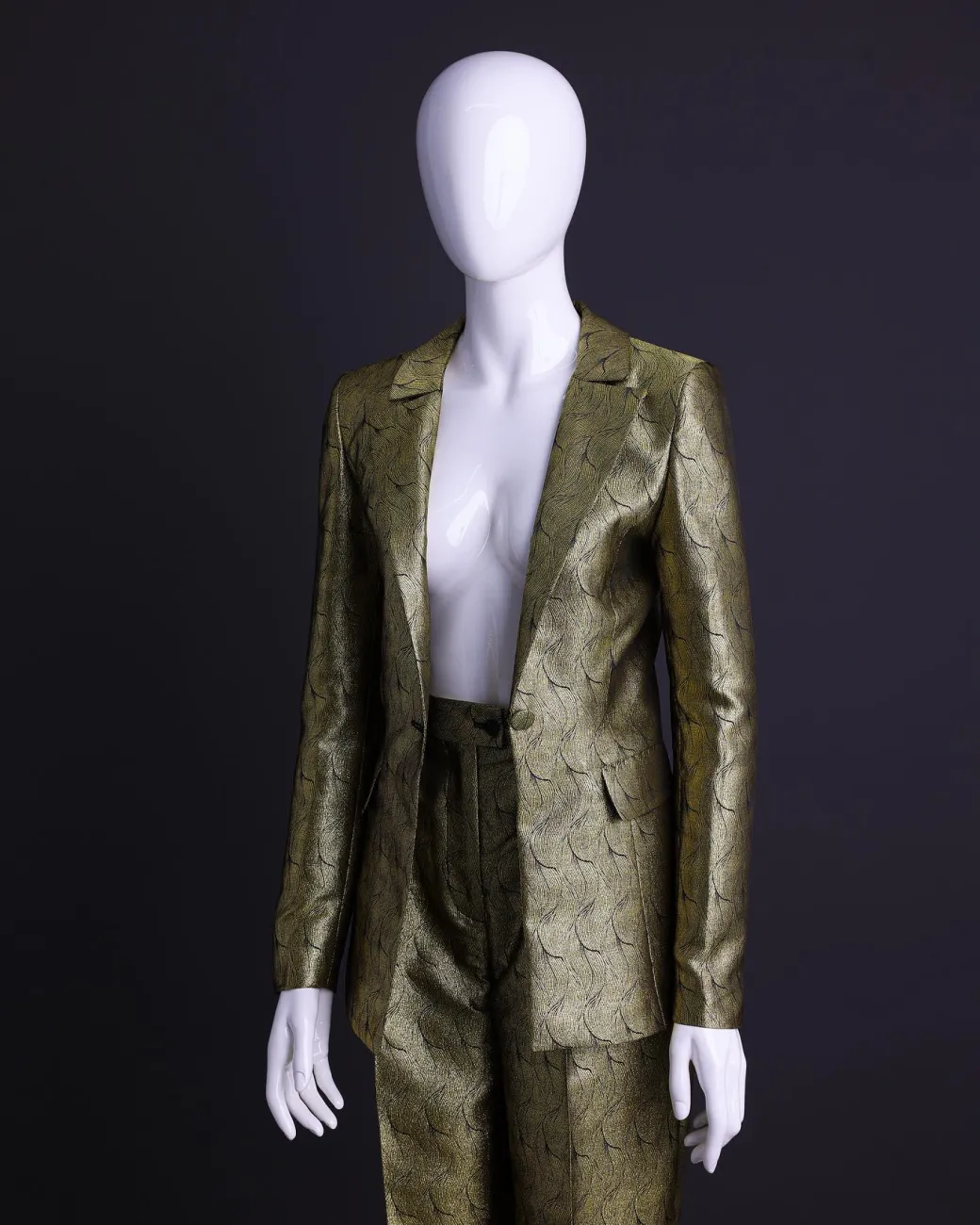 An Extended Notch Lapel, Spiral Gold Metallic Jacquard Suit.