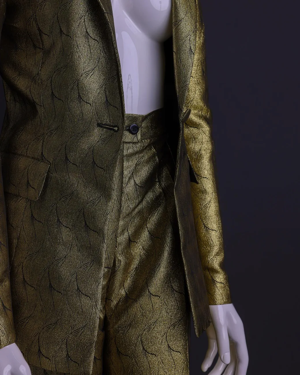 An Extended Notch Lapel, Spiral Gold Metallic Jacquard Suit.
