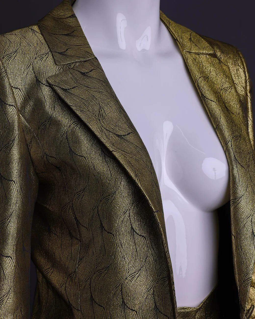 An Extended Notch Lapel, Spiral Gold Metallic Jacquard Suit.