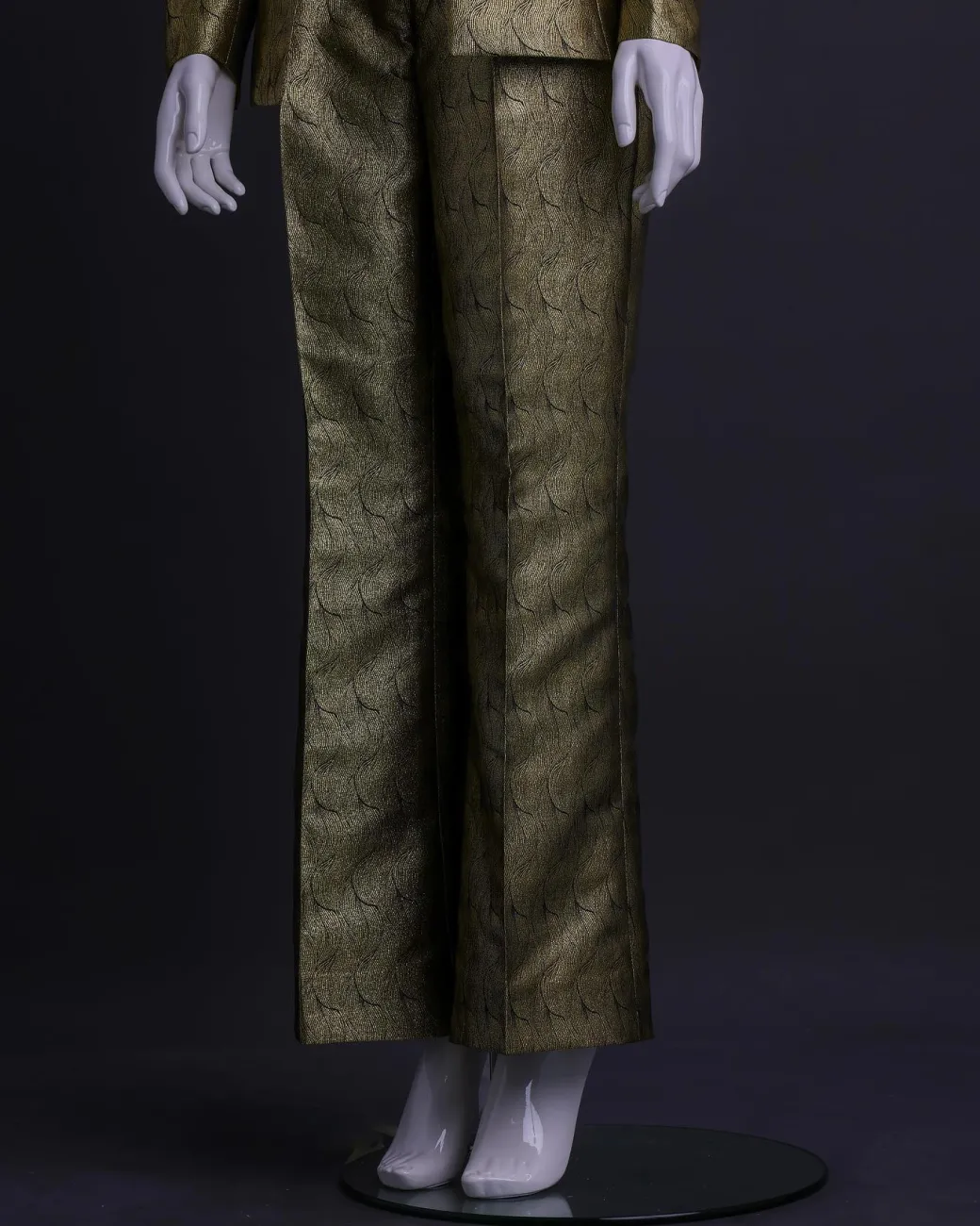 An Extended Notch Lapel, Spiral Gold Metallic Jacquard Suit.