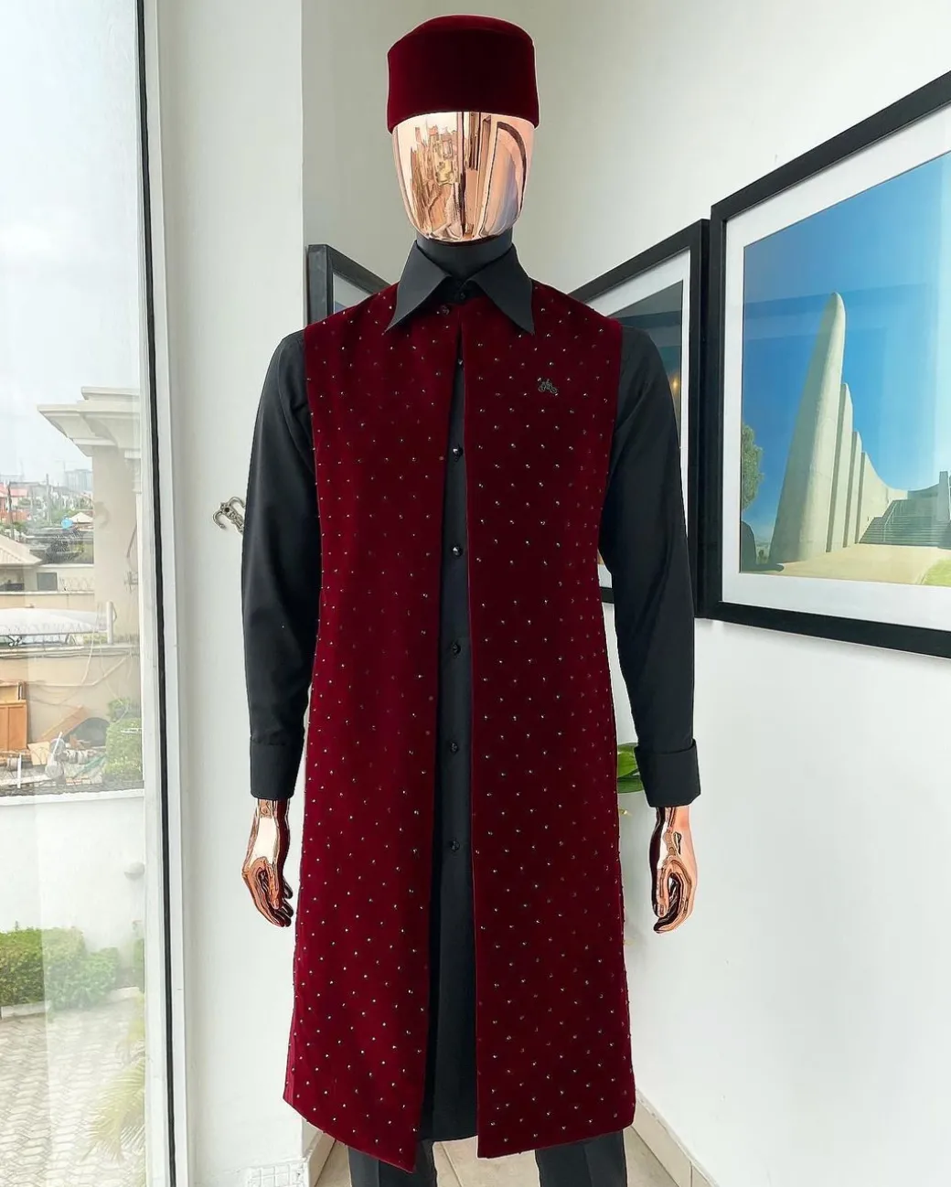 An “Eyes Wide Shut” mahogany red soaked Italian velvet Ceremonial suktan with black Swarovski stone detailing