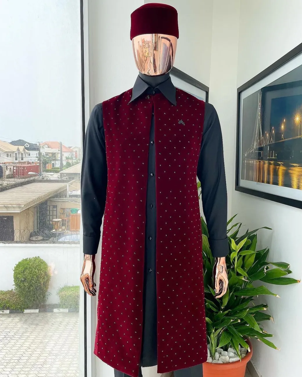 An “Eyes Wide Shut” mahogany red soaked Italian velvet Ceremonial suktan with black Swarovski stone detailing
