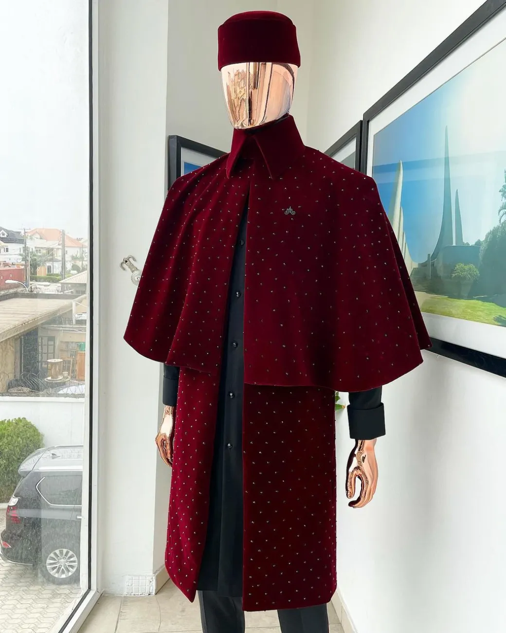 An “Eyes Wide Shut” mahogany red soaked Italian velvet Ceremonial suktan with black Swarovski stone detailing
